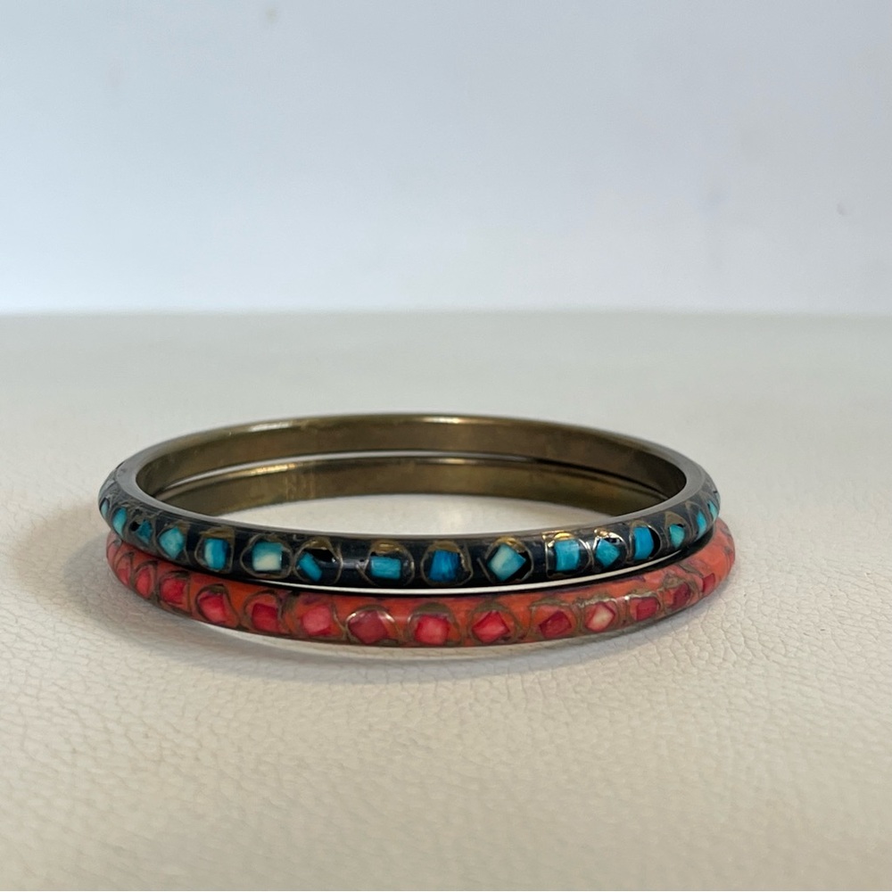 Set Of 2 Vintage 70s Brass And Natural Stone Inlay Bracelets bangles